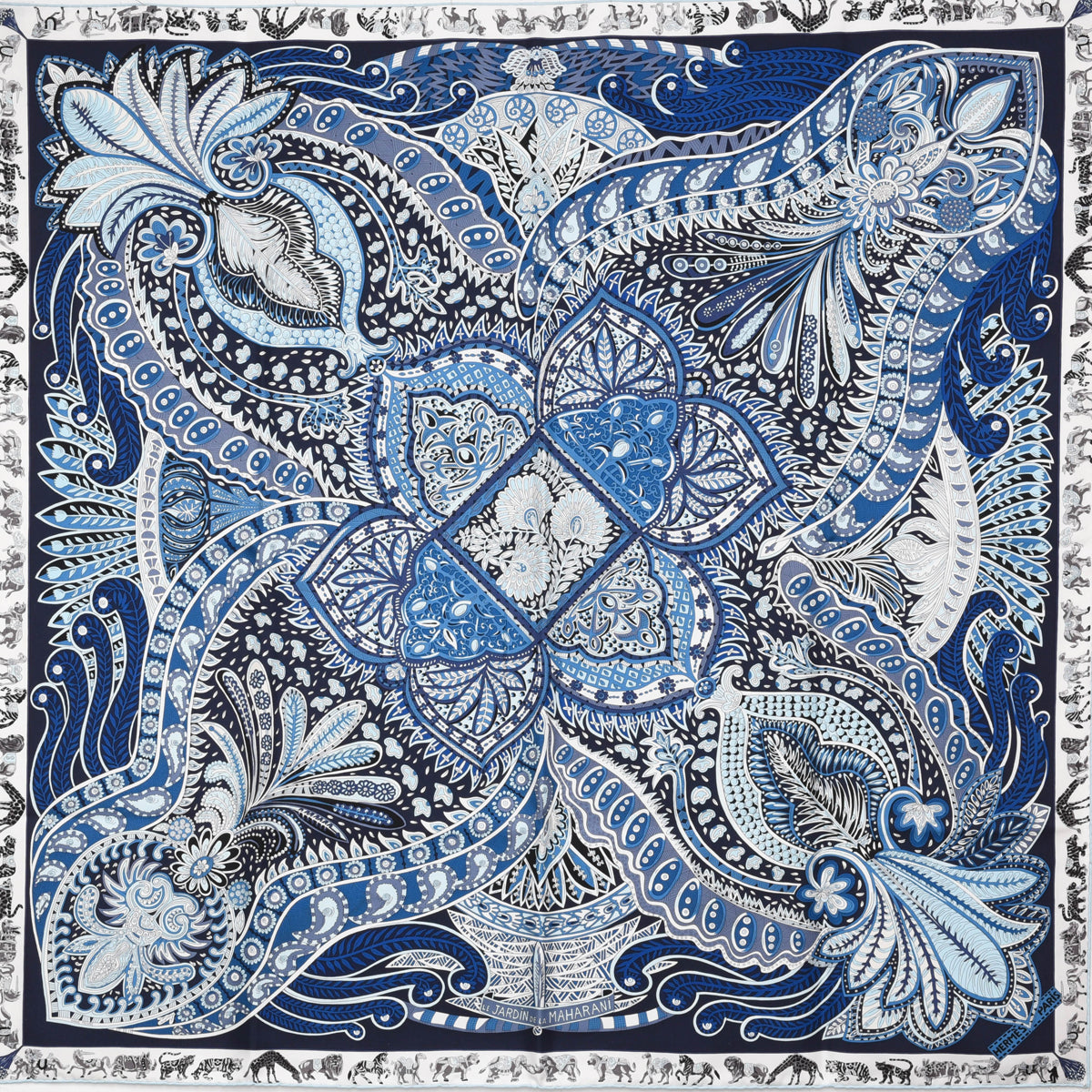 Hermes Blue Silk Le Jardin De La Maharani Scarf
