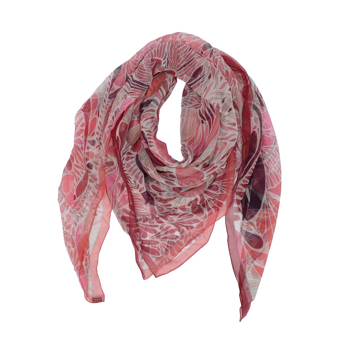 Hermes Red Mousseline Silk Millefleurs du Mexique Scarf