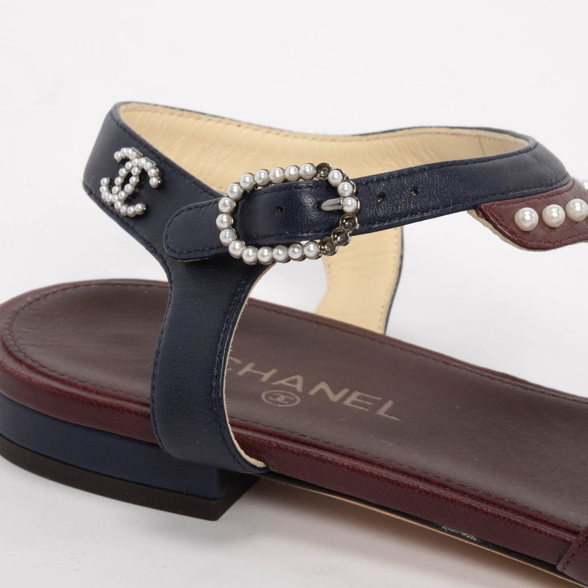 Chanel Burgundy & Navy Lambskin & Pearl Caged Sandals 37
