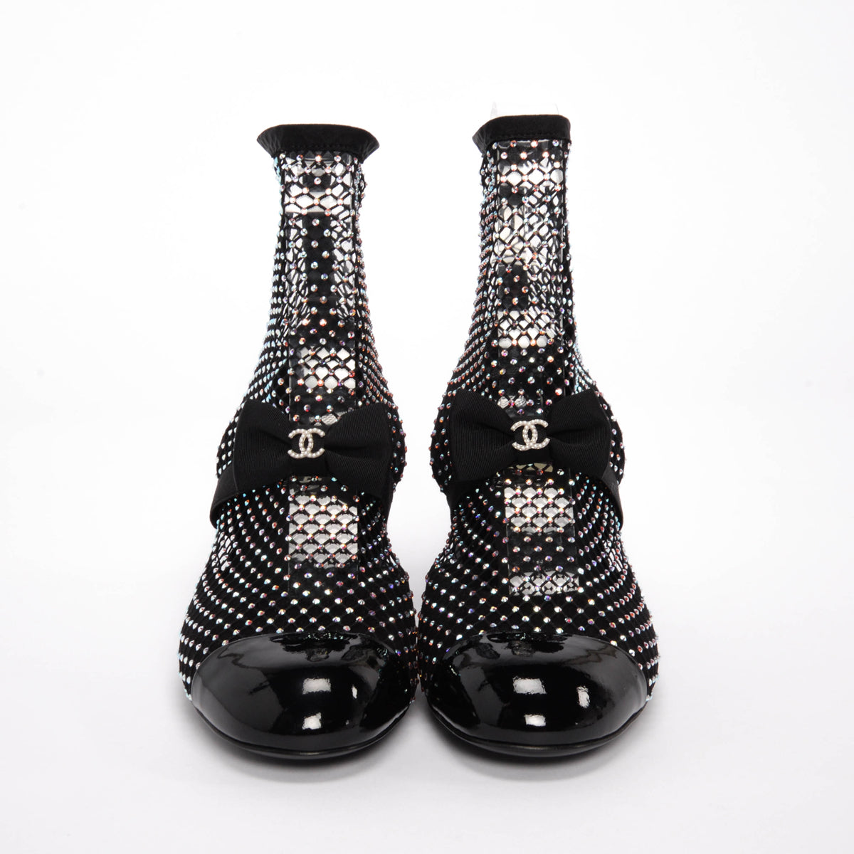 Chanel Black Crystal Net Mary Jane Short Boots 38.5