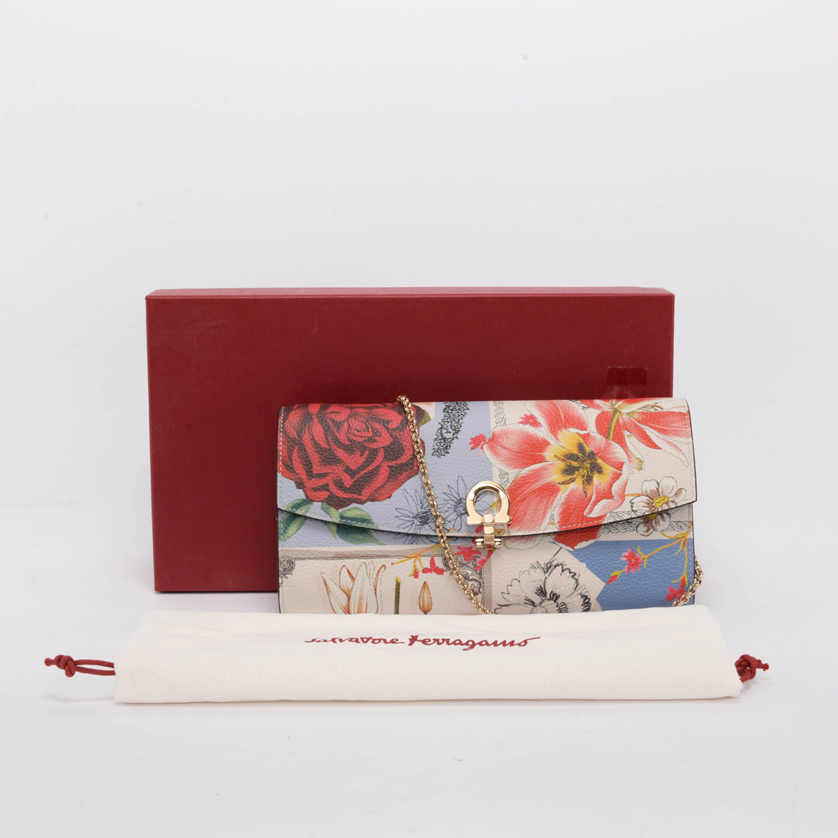 Ferragamo Floral Print Calfskin Gancini Chain Wallet