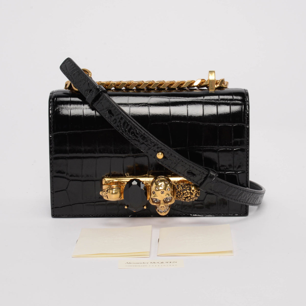 Alexander McQueen Black Croc Embossed Jewelled Skull Satchel Mini Bag
