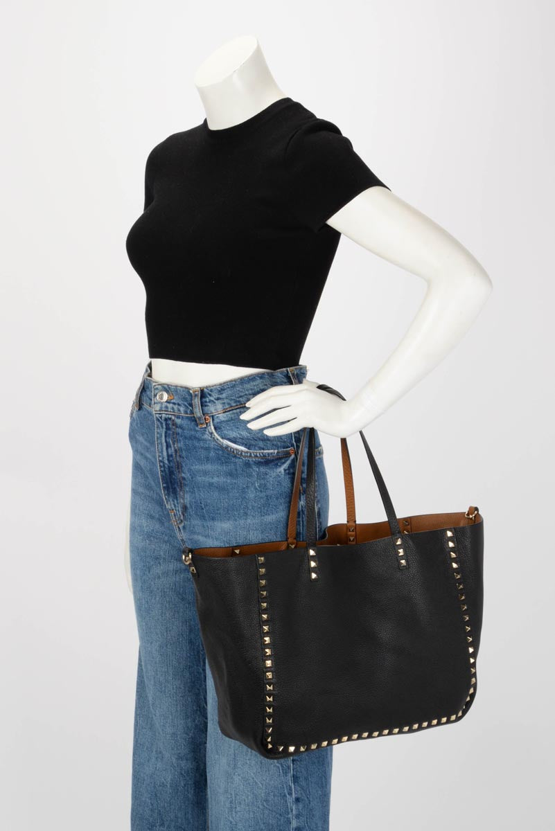 Valentino Black & Tan Grained Calfskin Reversible Rockstud Tote