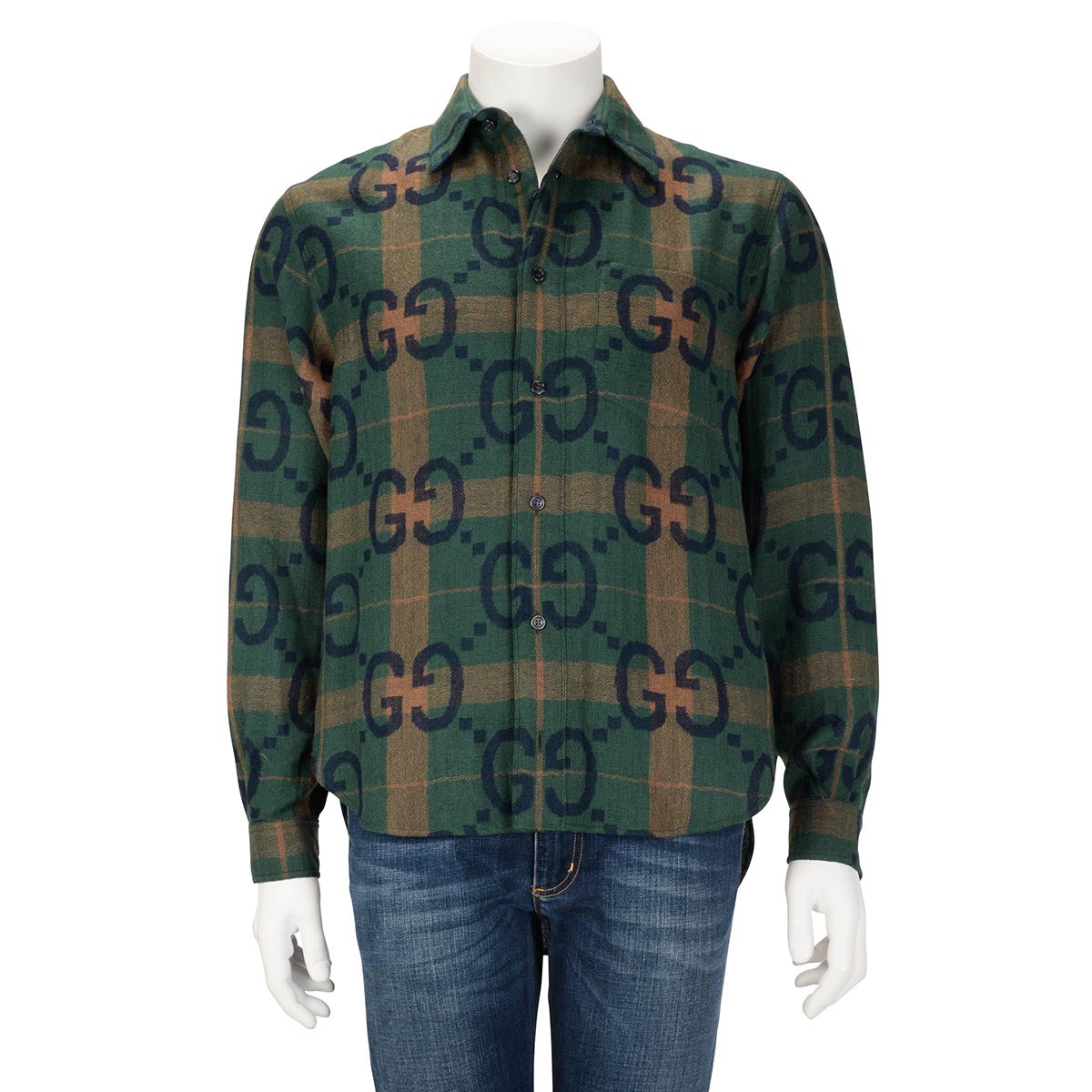 Gucci Green Wool Jumbo GG Check Shirt IT 44