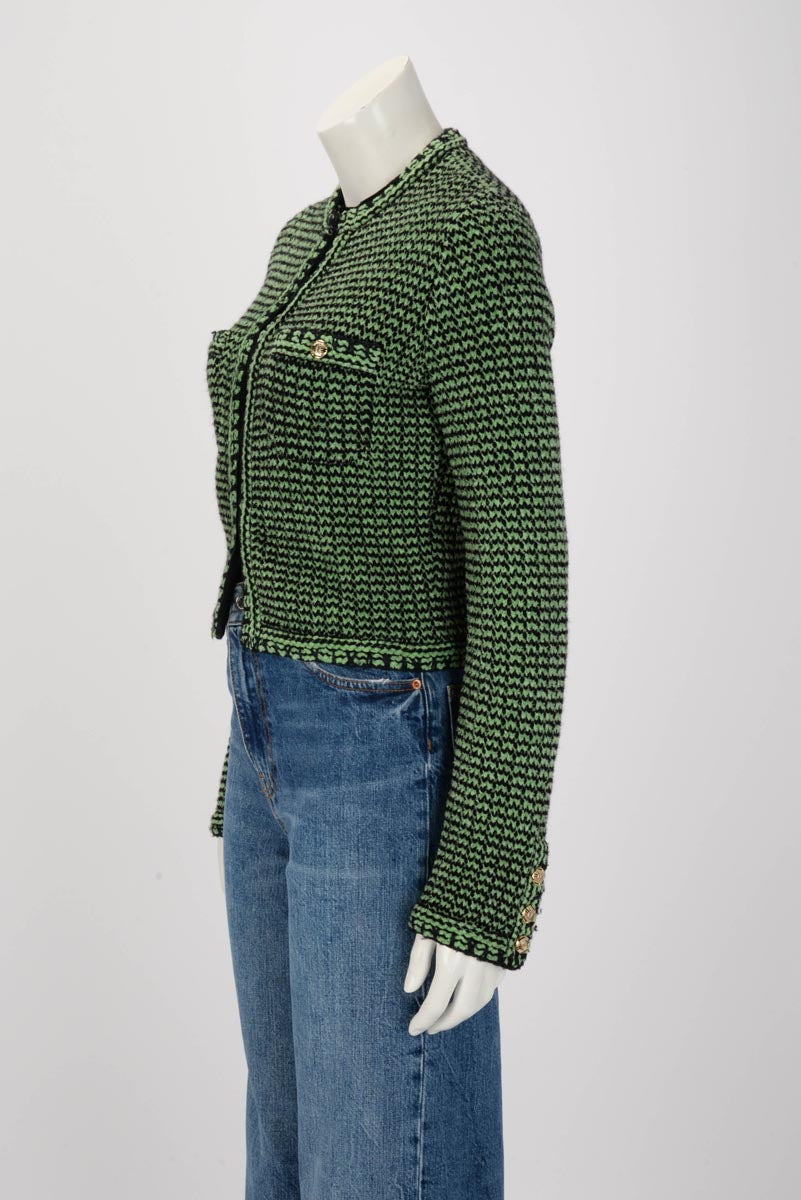 Chanel Green Chenille Knit CC Button Cardigan FR 34