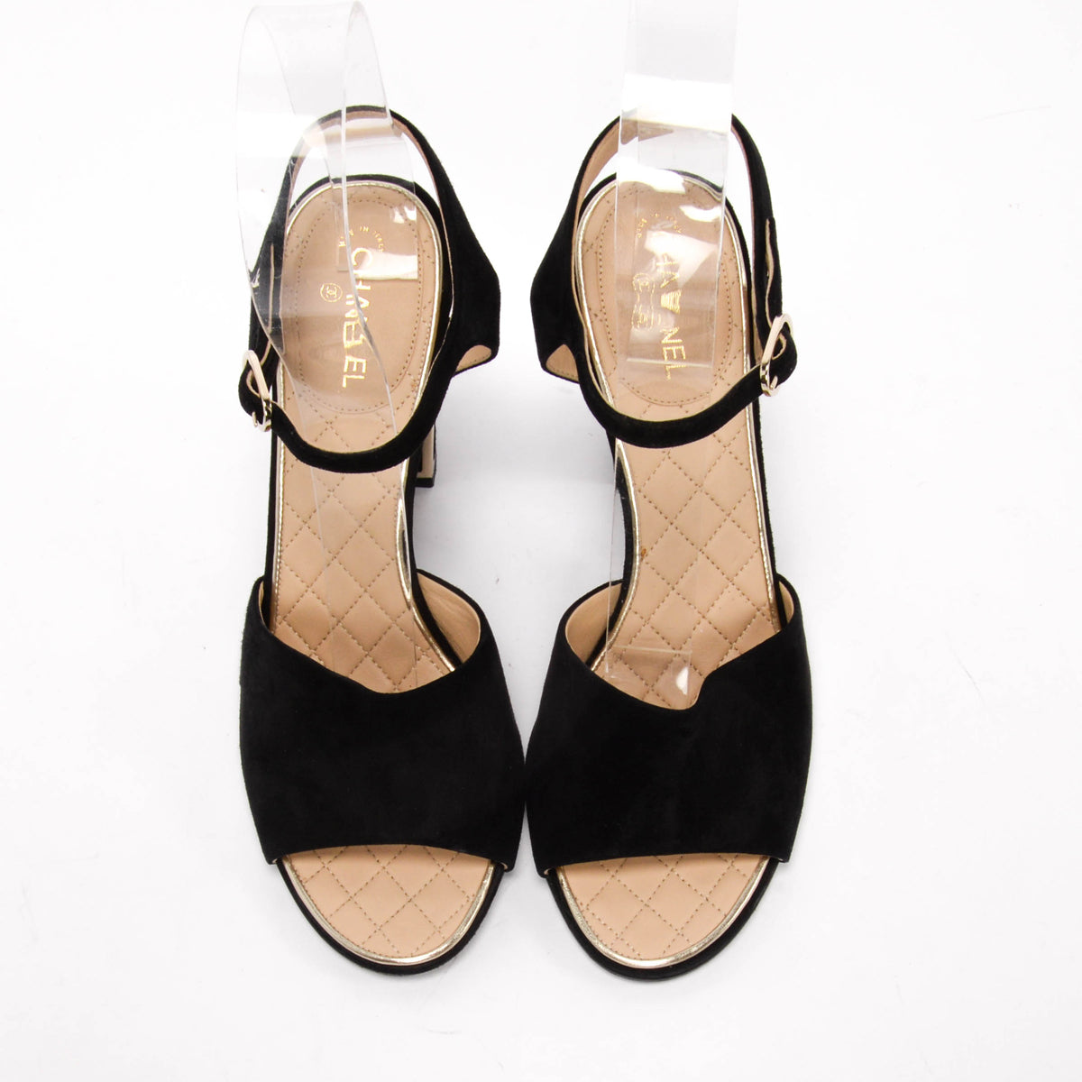 Chanel Black Suede Gold Trim Sandals 40