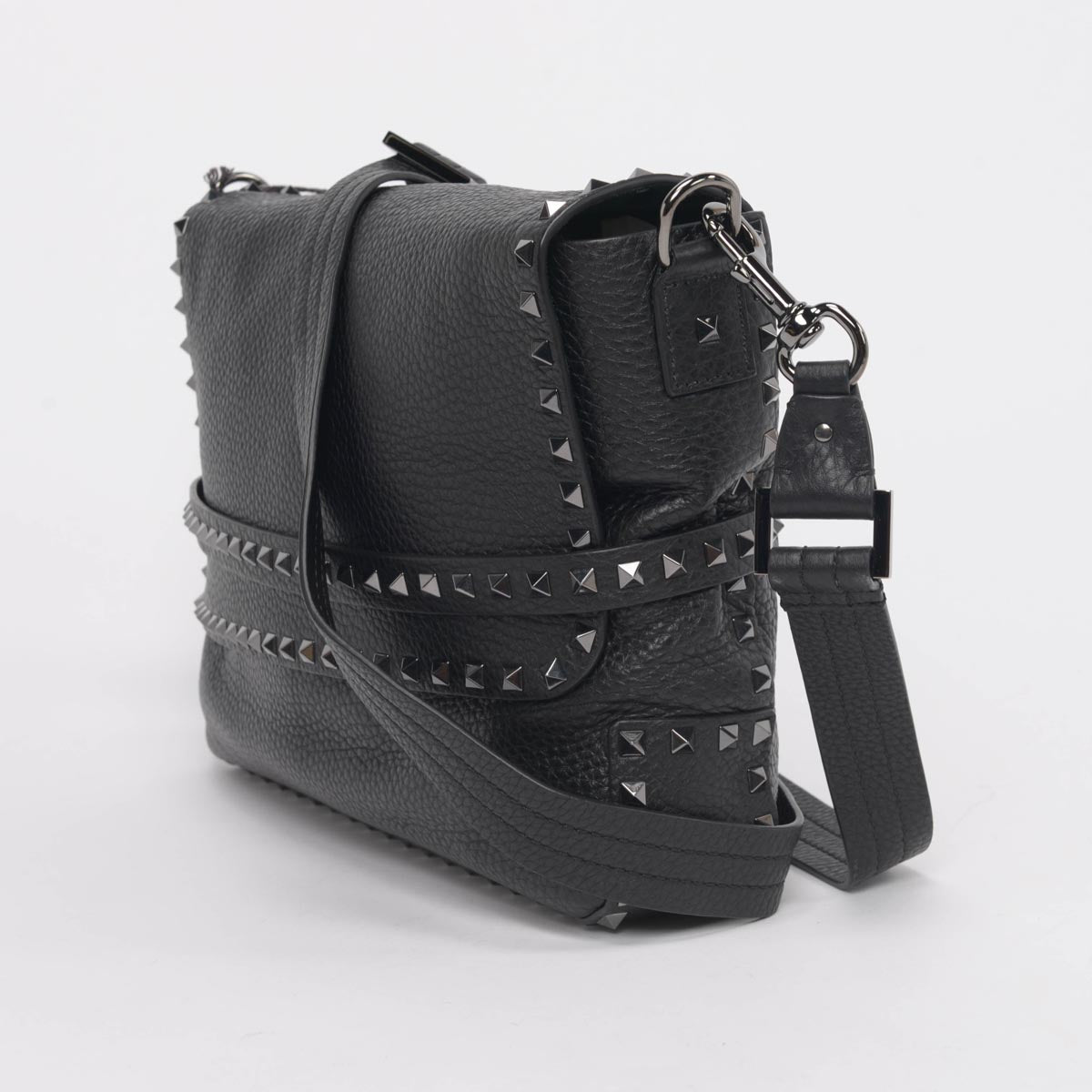 Valentino Black Grained Calfskin Rockstud Messenger Bag