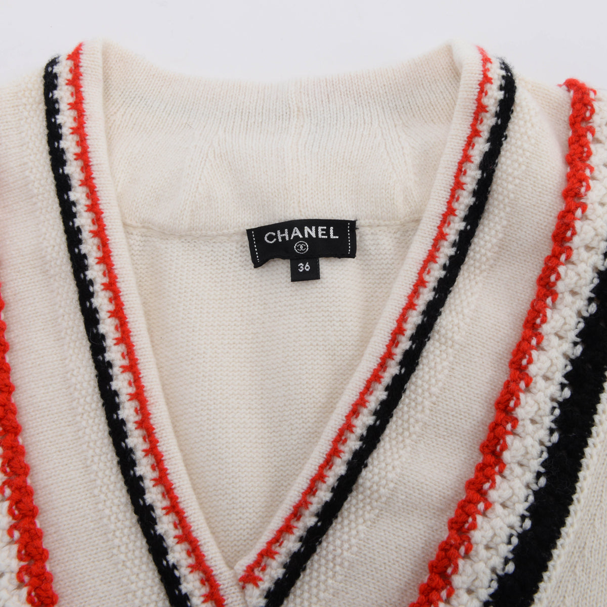 Chanel Cream Cashmere V-Neck Braided Trim Sweater FR 36