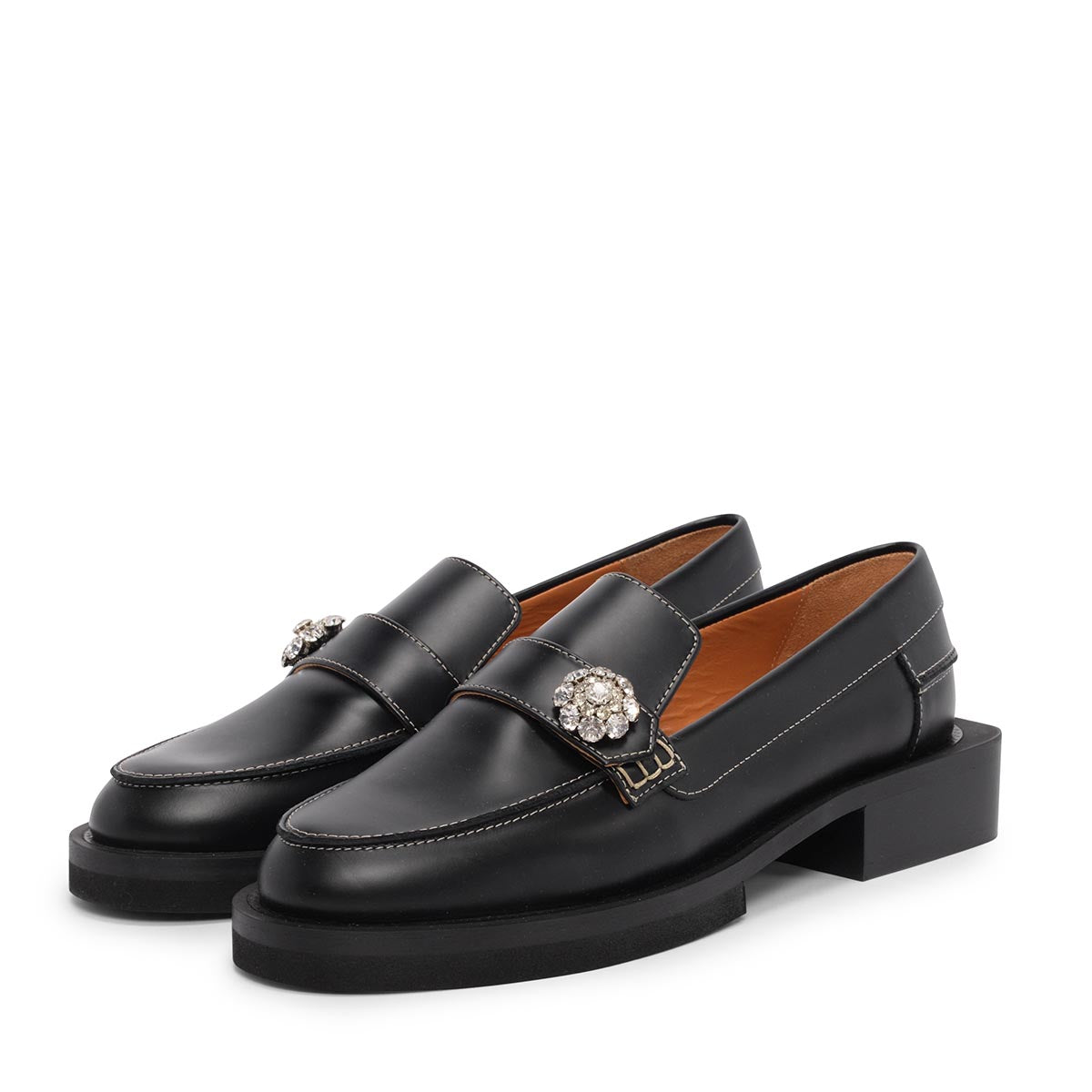 Ganni Black Leather Embellished Loafers 38