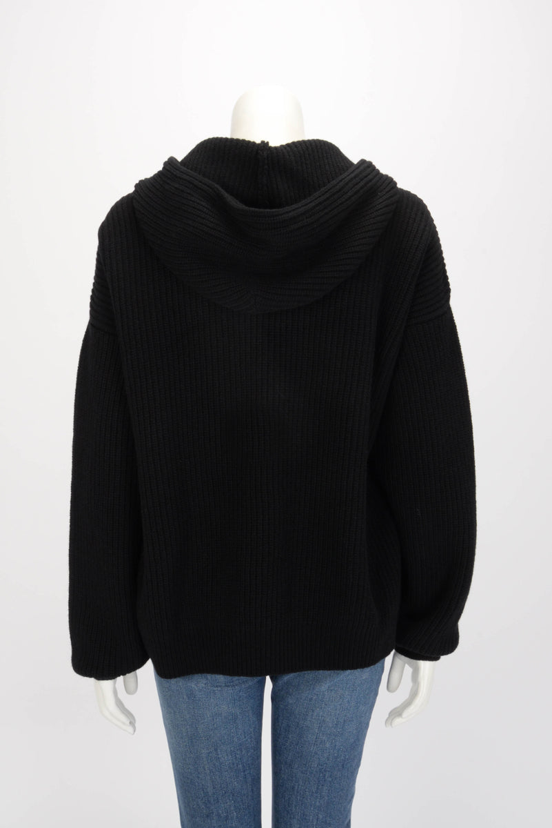 Celine Black Ribbed Wool Hooded Zip Jacket