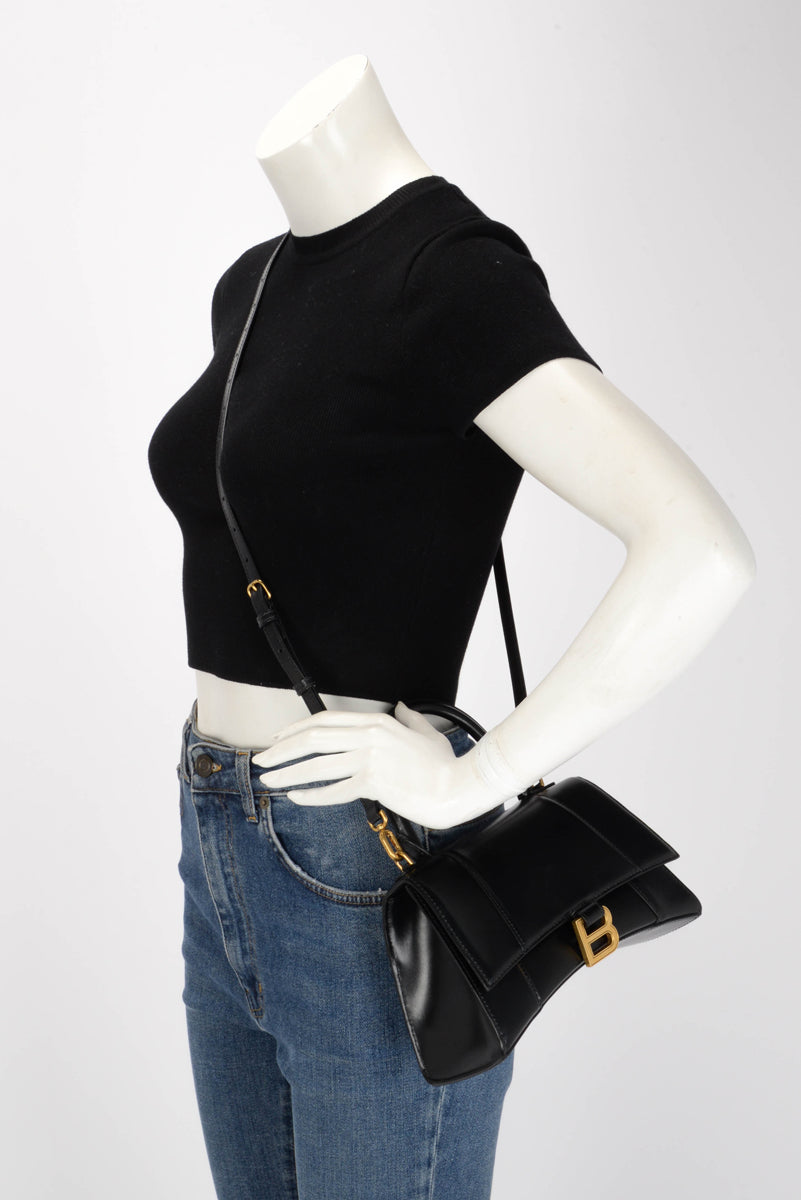 Balenciaga Black Shiny Box Calf Small Hourglass Bag