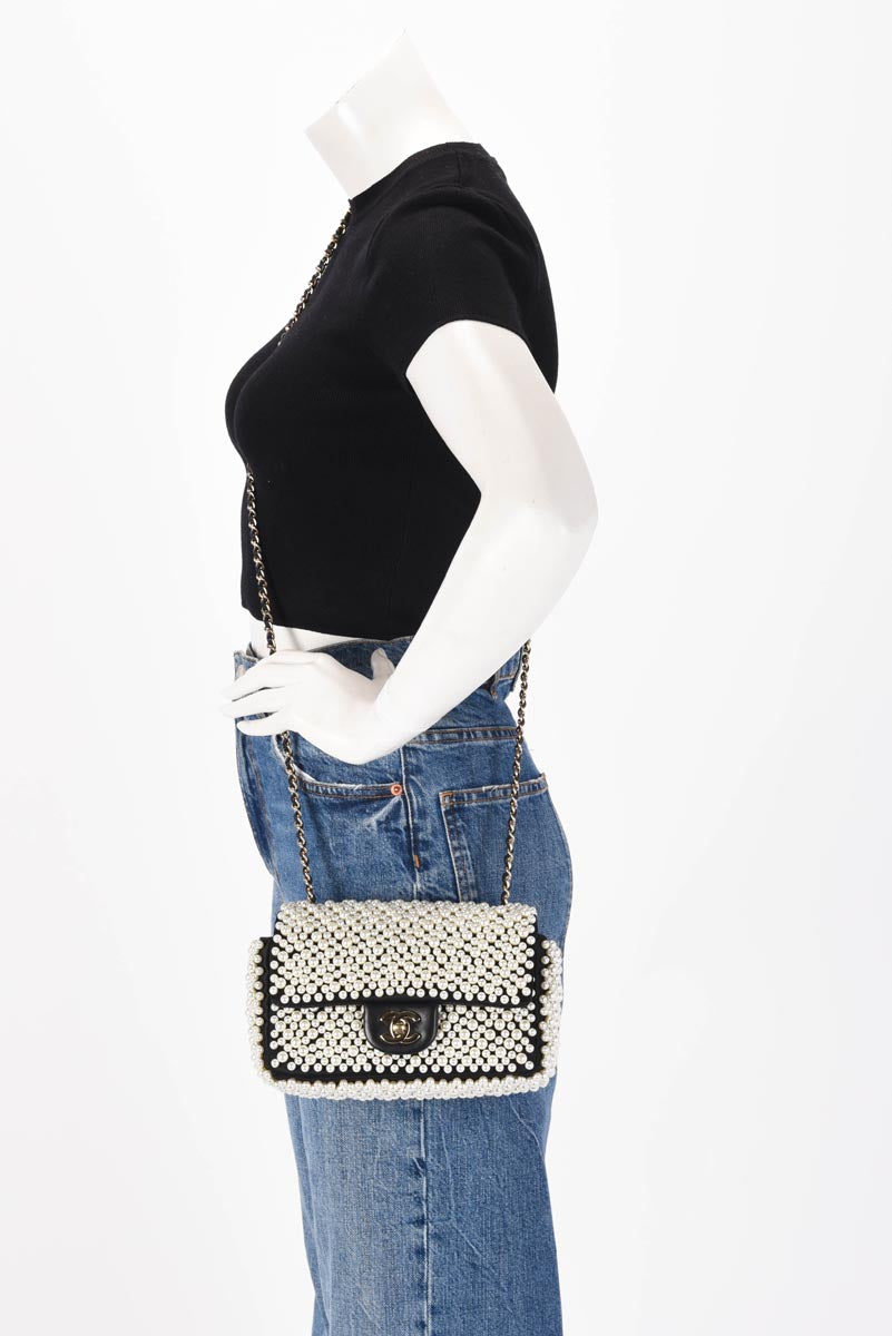 Chanel Black Satin & Lambskin Pearl On Flap Bag