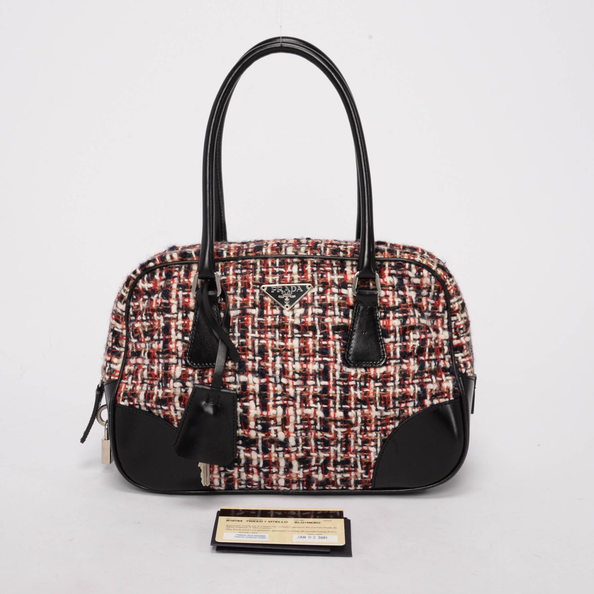 Prada Red Tweed & Vitello Mini Boston Bag