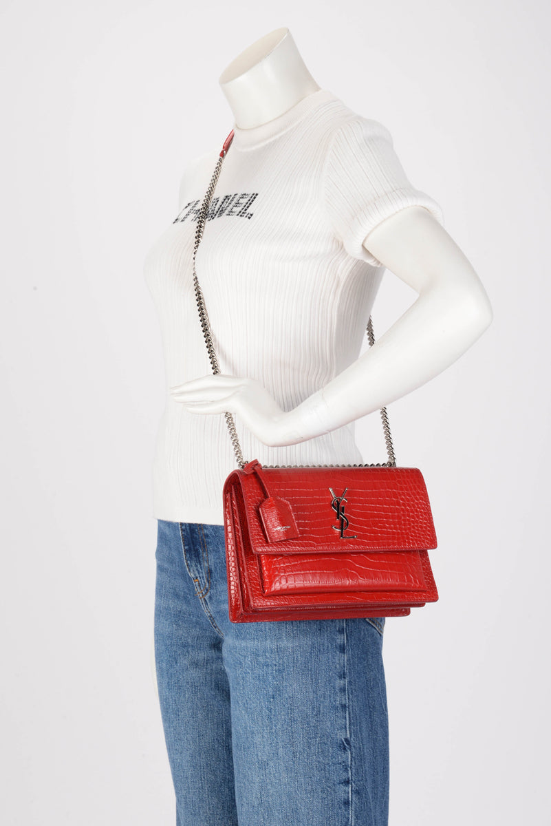 Saint Laurent Red Croc Embossed Medium Sunset Shoulder Bag