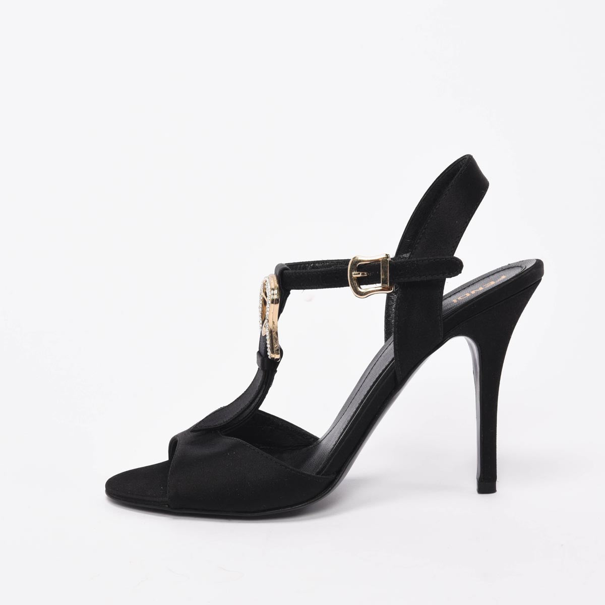 Fendi Black Satin Crystal Buckle Sandals 38