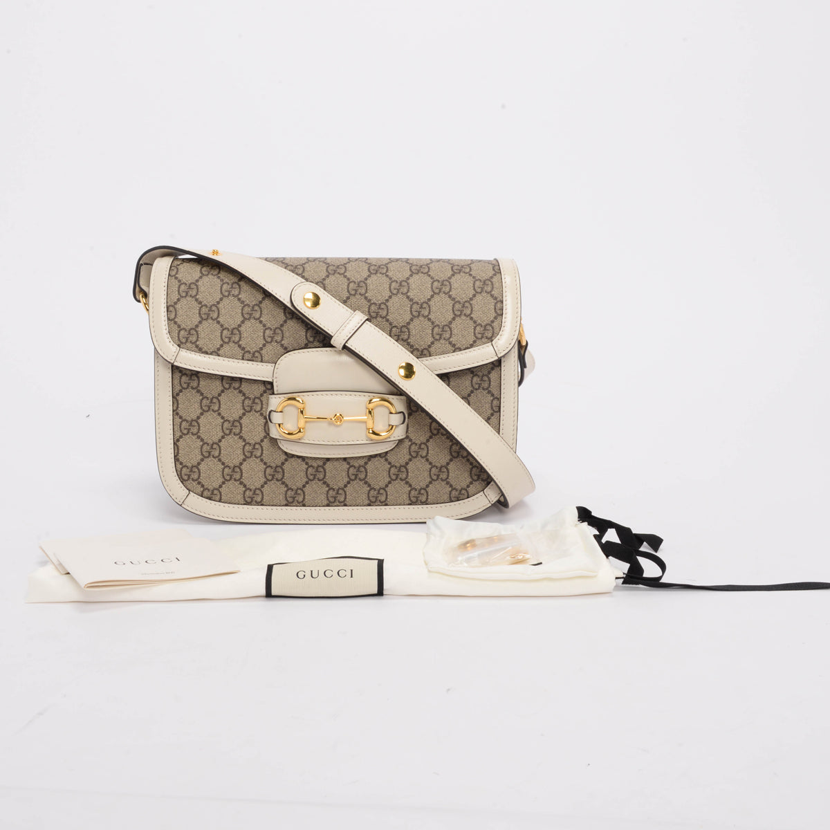 Gucci Cream GG Supreme 1955 Horsebit Shoulder Bag