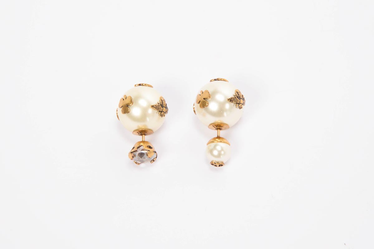 Dior Gold Tone Pearl Tribale Lucky Charm Earrings