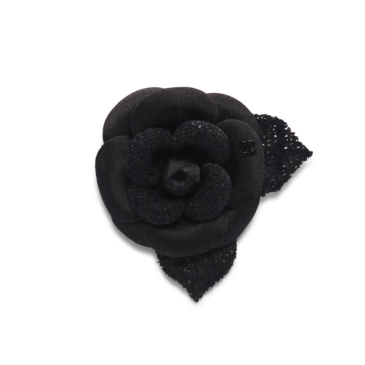 Chanel Black Satin & Tweed Camellia Brooch