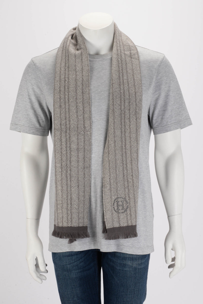 Hermes Grey & White Cashmere Panama Rayee Scarf