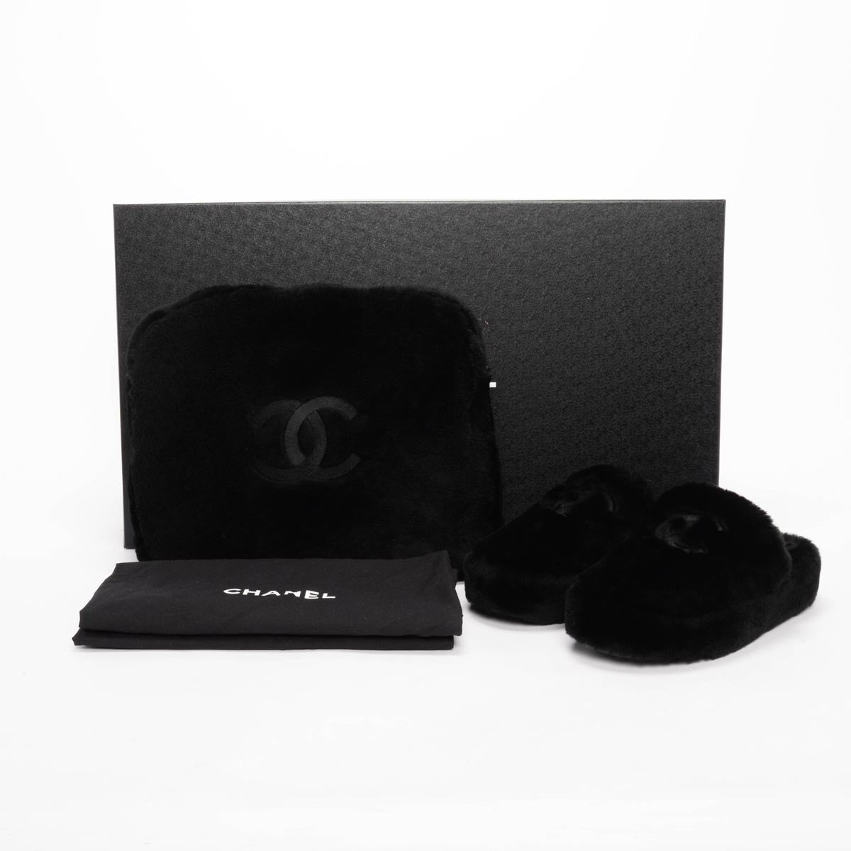 Chanel Black Shearling CC Travel Slippers & Pouch