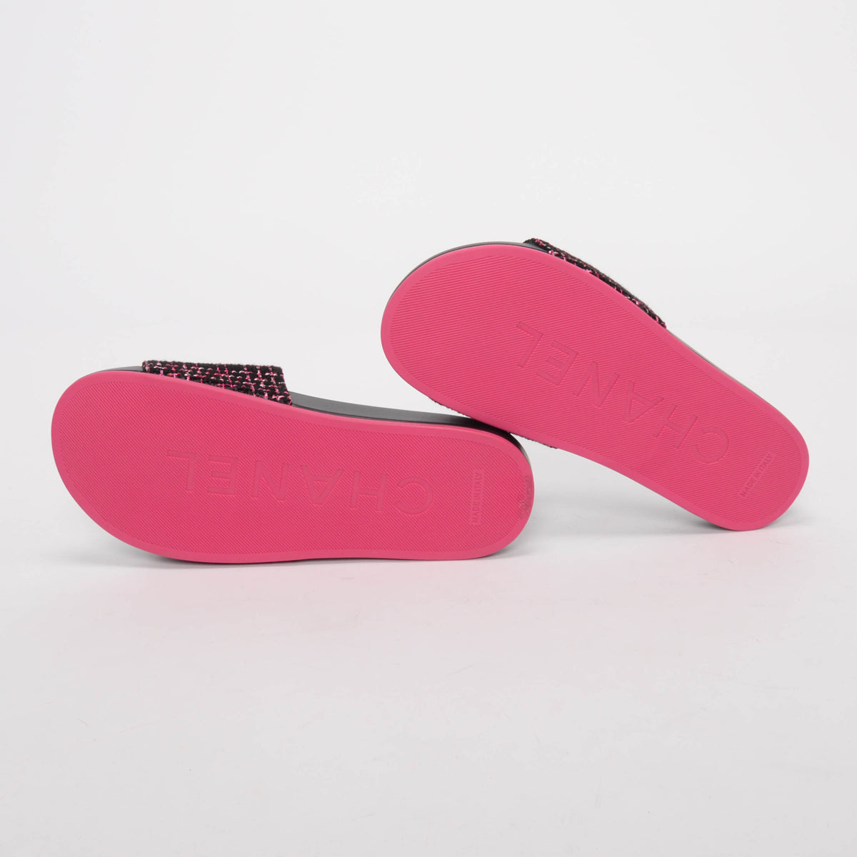 Chanel Black & Pink Tweed Camellia Slides 37