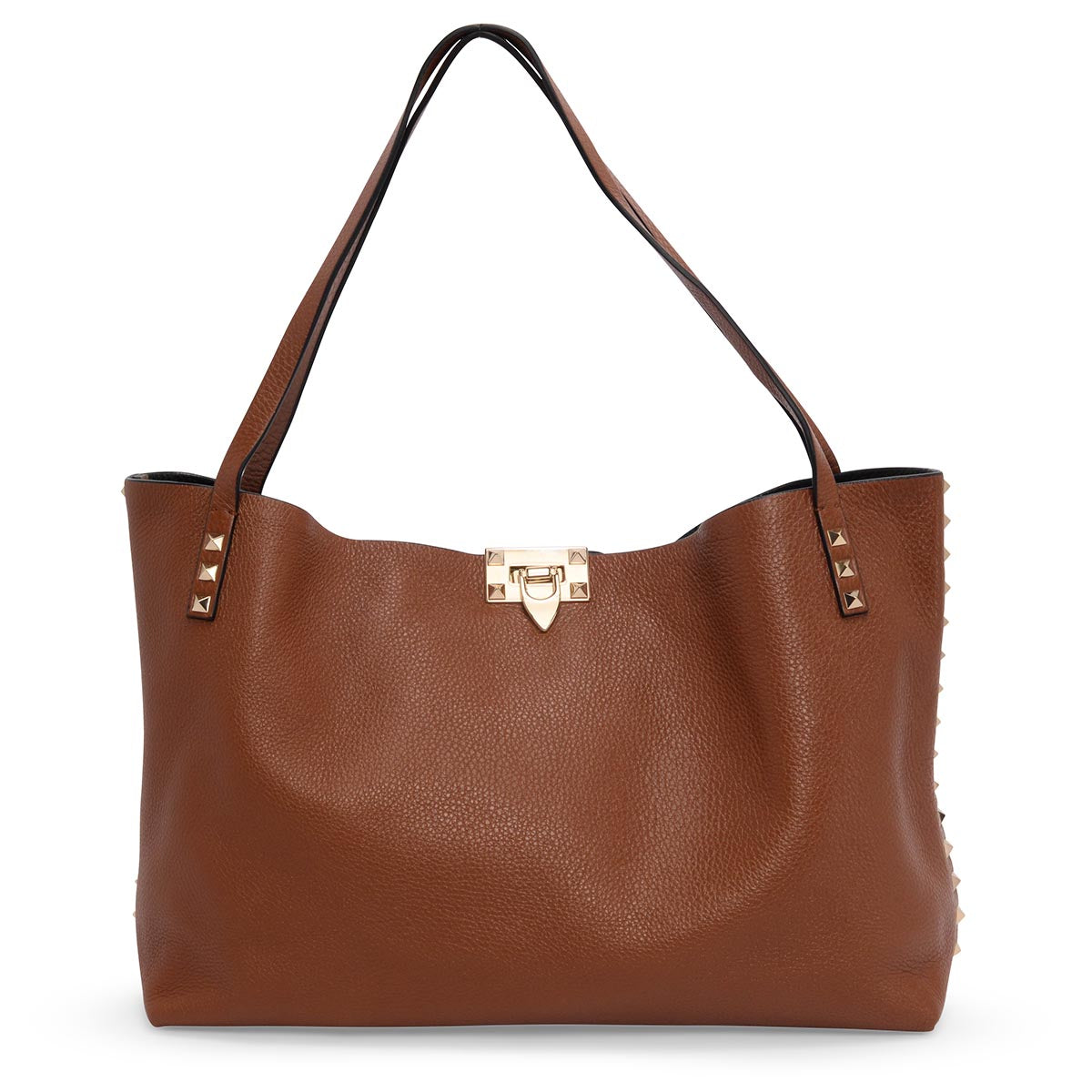 Valentino Cognac Grained Calfskin Medium Rockstud Flip Lock Tote