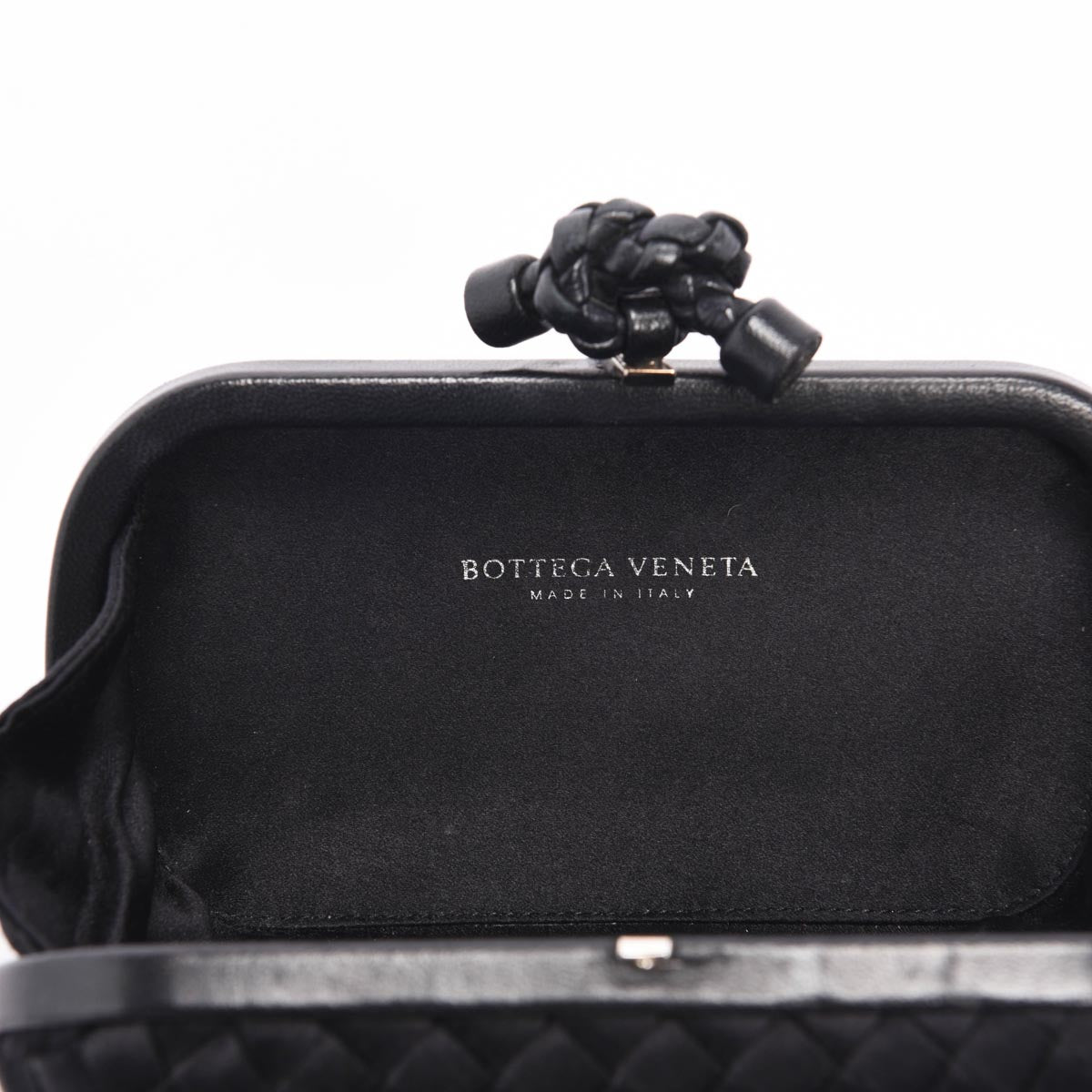 Bottega Veneta Black Satin Intrecciato Knot Clutch