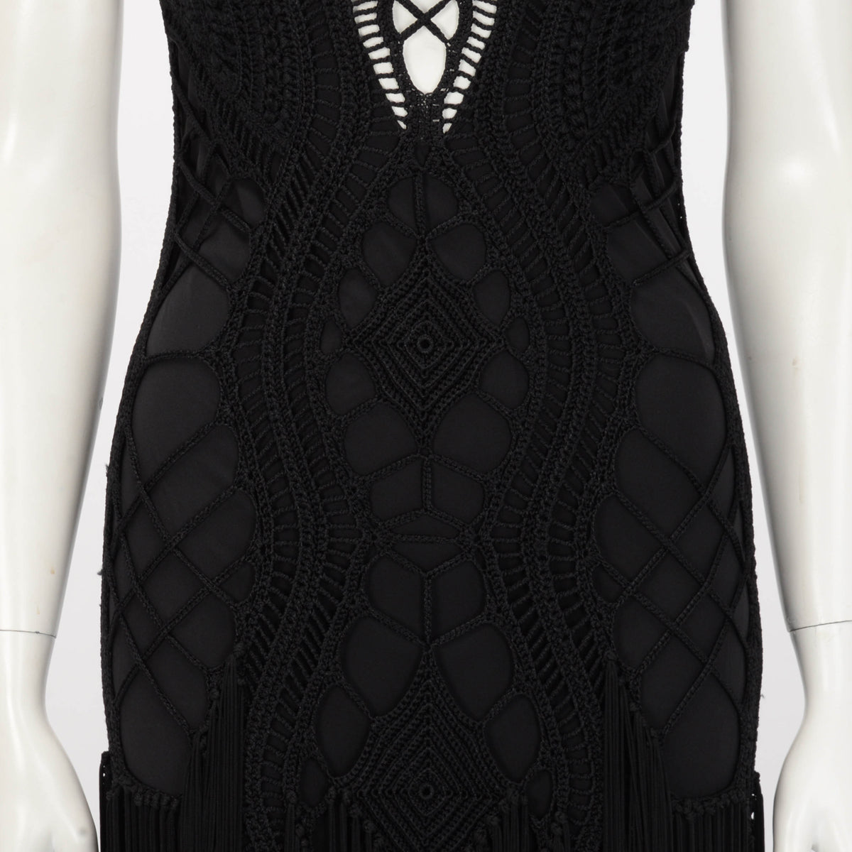Ralph Lauren Black Crochet Fringed Evening Gown M