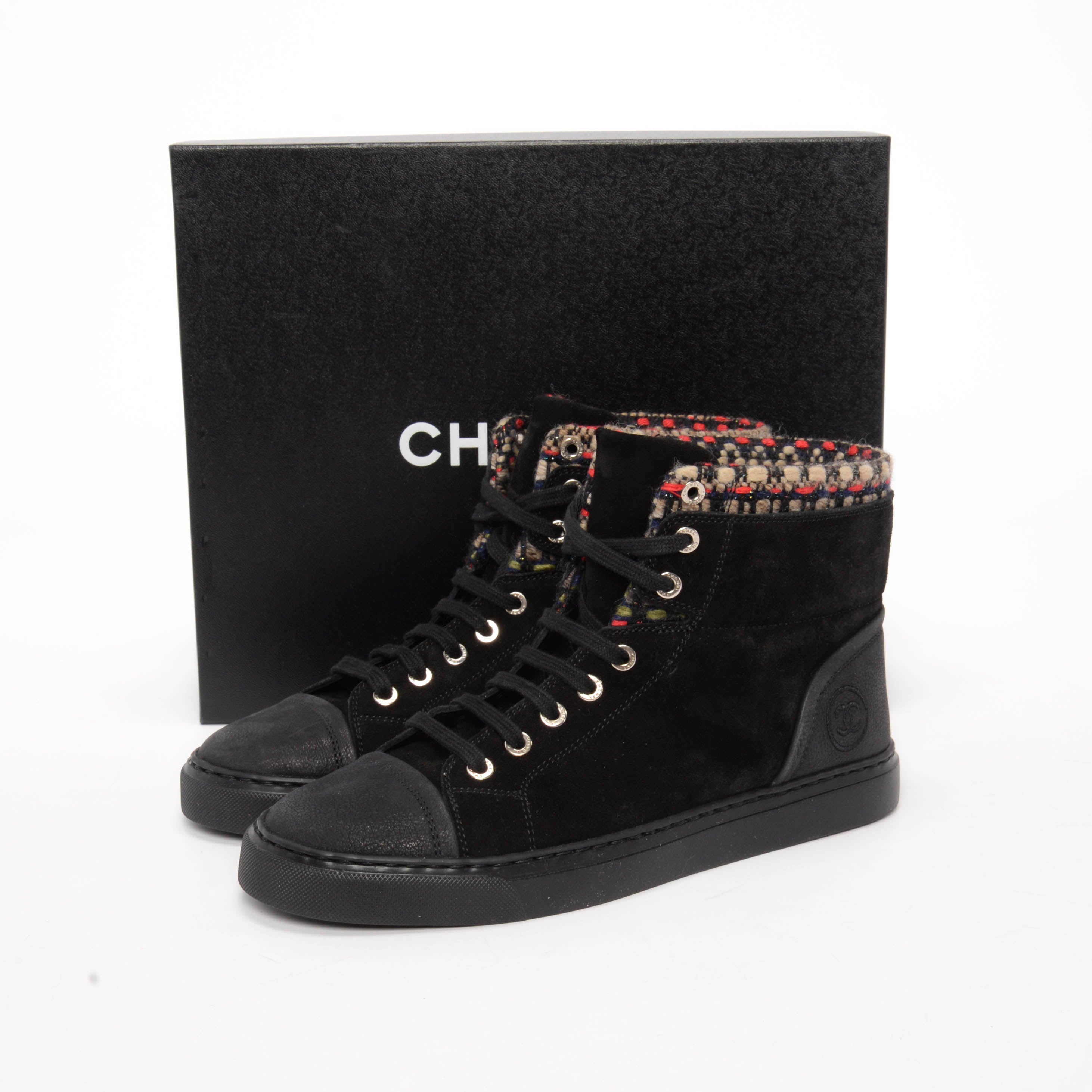 Chanel Black Suede Tweed Trim High-Top Sneakers 38
