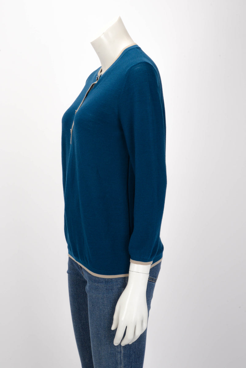 Hermes Teal Wool Contrast Trim Sweater FR 40