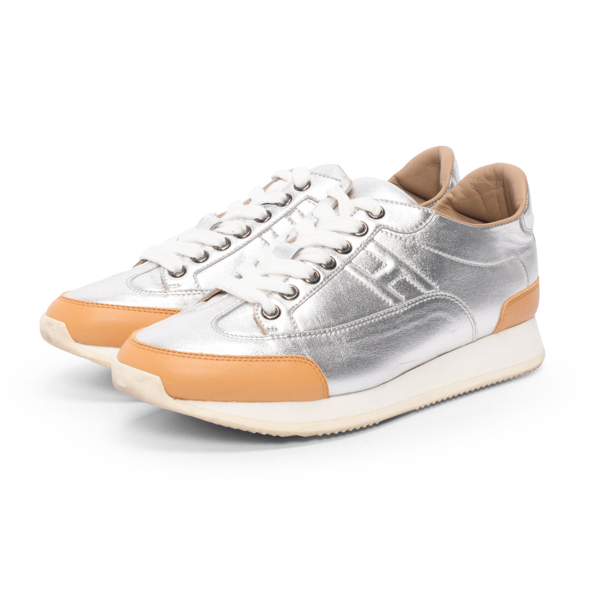 Hermes Silver Metallic Leather H Sneakers 37