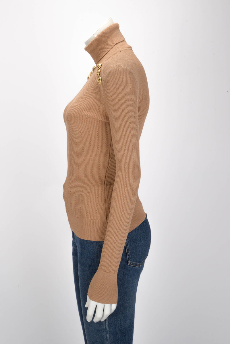 Balmain Bronze Ribbed Structured Shoulder Turtleneck Top FR 38