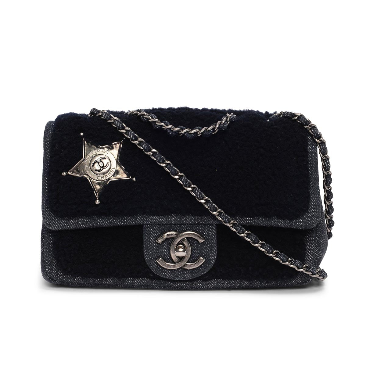 Chanel Navy Denim & Shearling Paris to Dallas Small Flap Bag