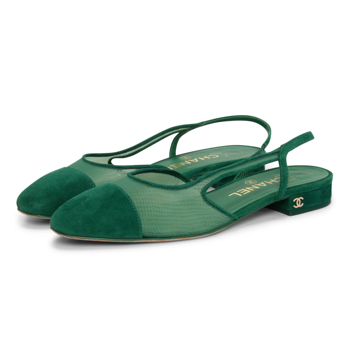 Chanel Green Suede & Mesh CC Slingback Flats 36.5