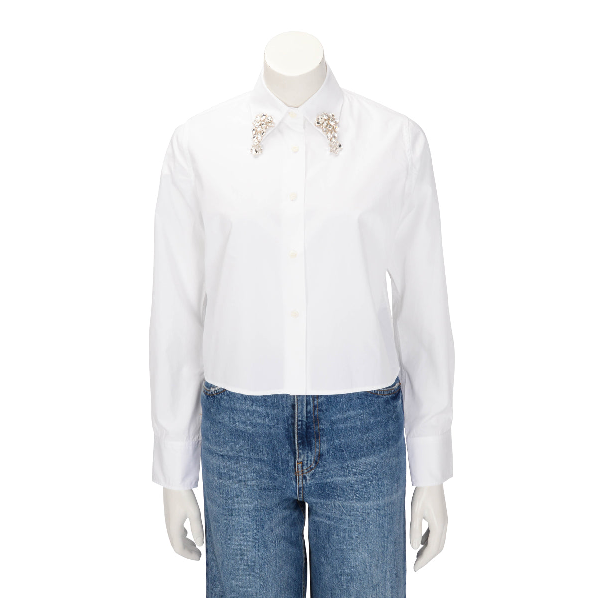 Prada White Cotton Crystal Embroidered Poplin Shirt IT 36