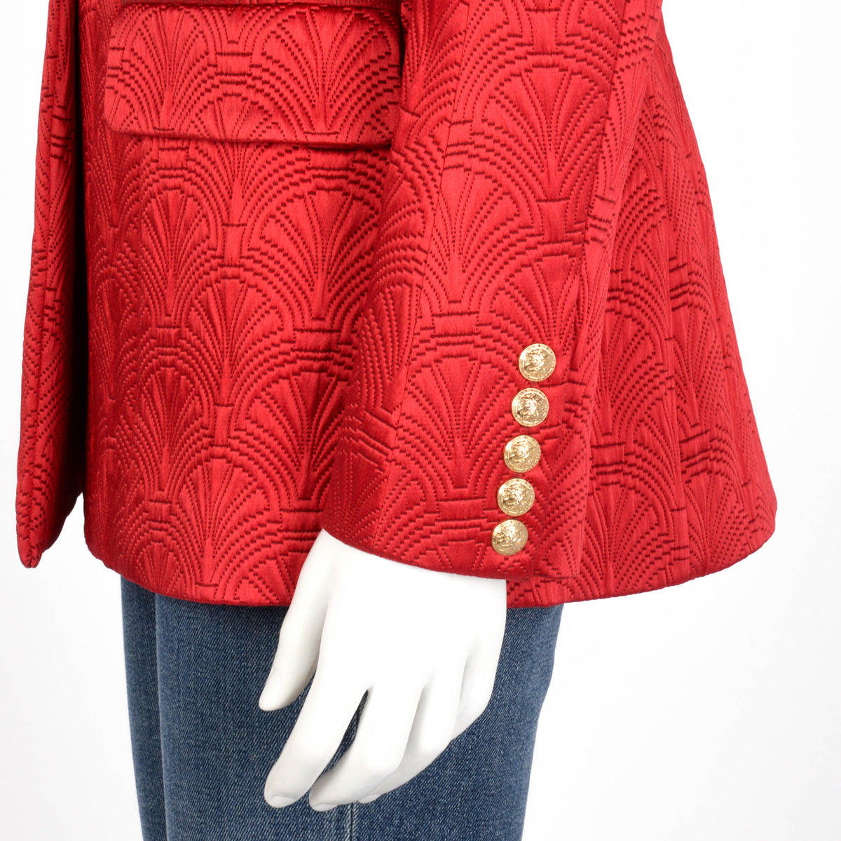 Balmain Red Fan Jacquard Belted Jacket FR 42
