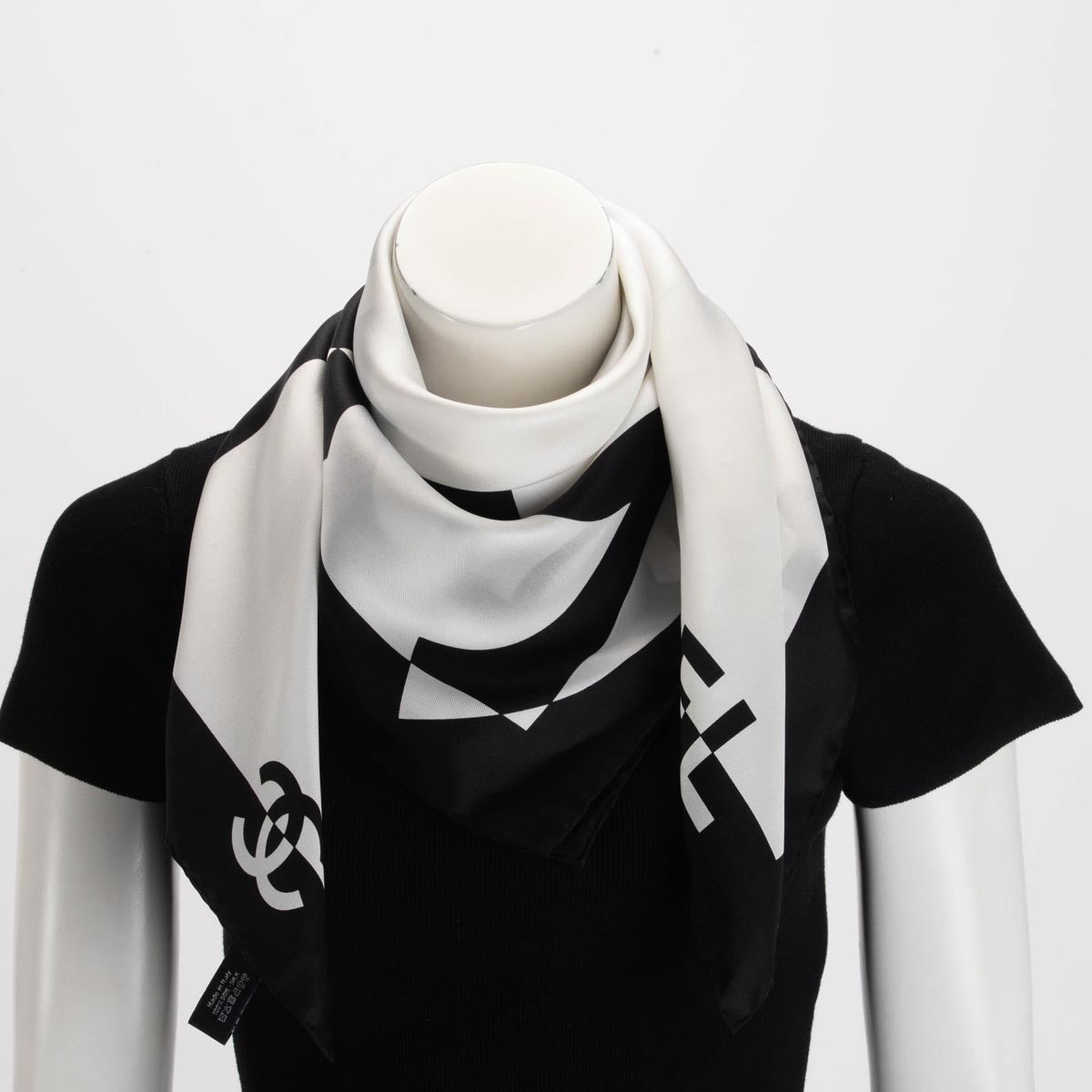 Chanel Black & White Silk CC Coco Mademoiselle Scarf