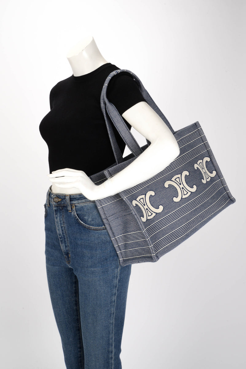 Celine Blue Triomphe Embroidered Canvas Large Cabas Thais