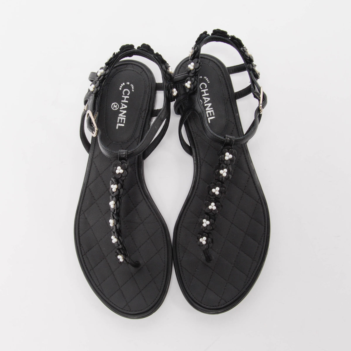 Chanel Black Lambskin & Pearl Camellia Thong Sandals 37