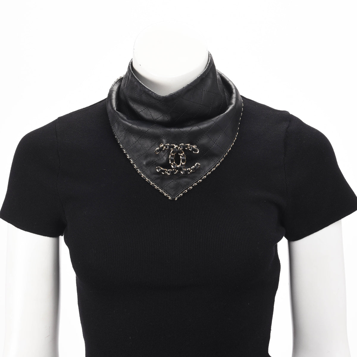 Chanel Black Quilted Lambskin CC Brooch Bandana Scarf