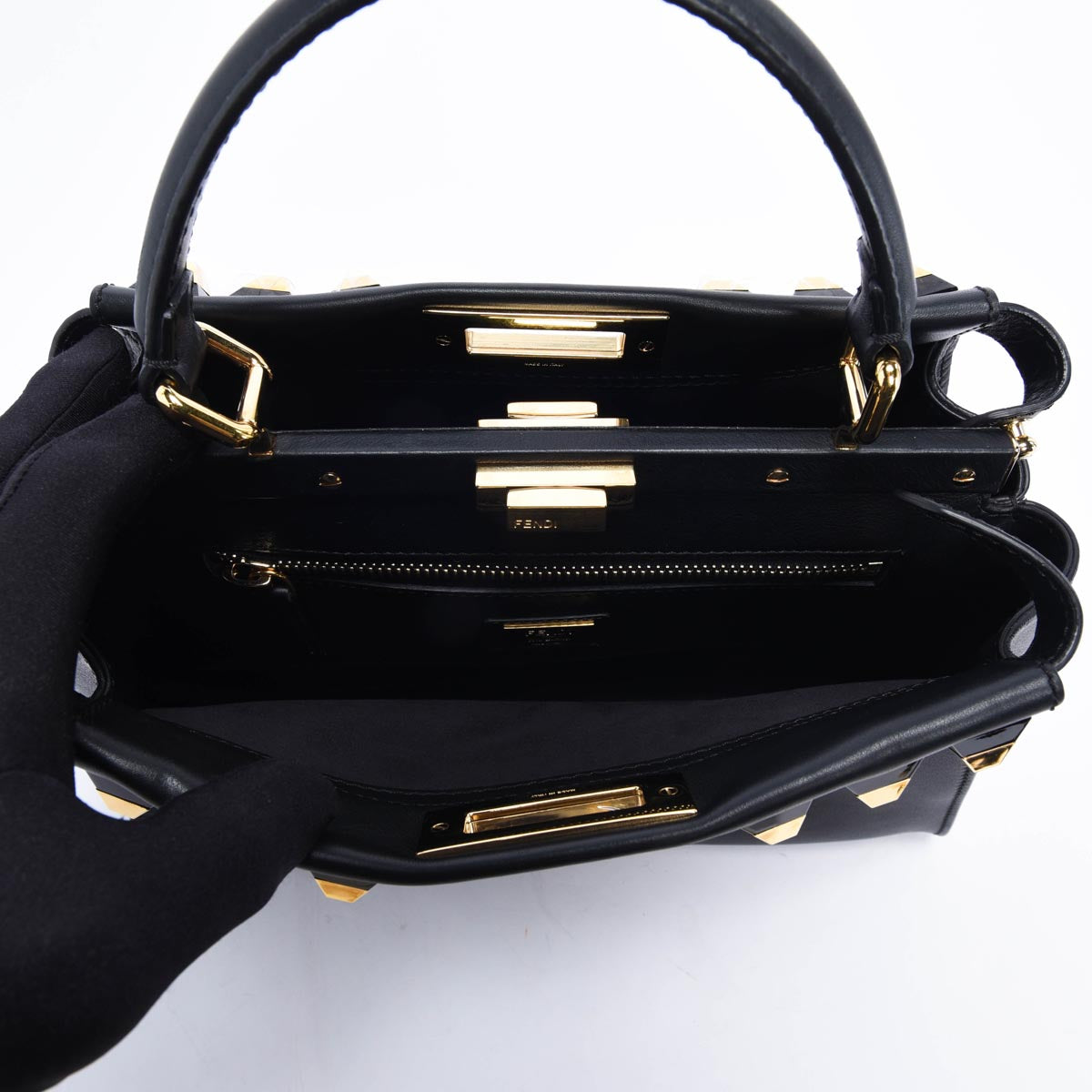 Fendi Black Calfskin Studded Medium Peekaboo Bag
