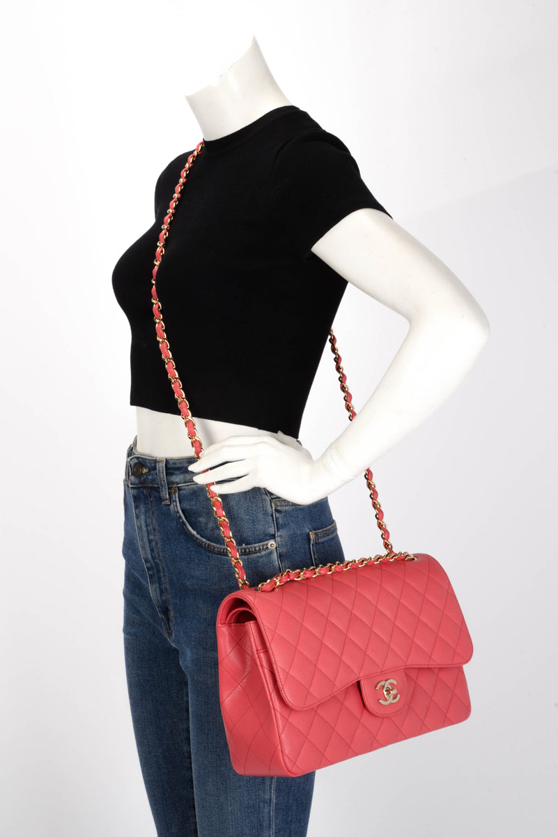 Chanel Pink Quilted Caviar Large Classic Flap Shoulder Bag