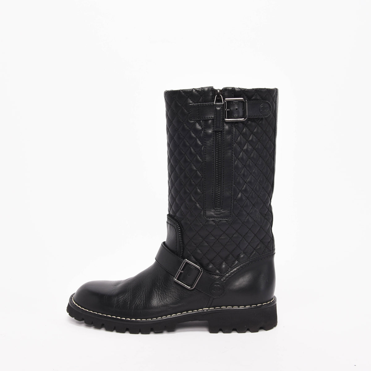 Chanel Black Quilted Calfskin Biker Boots 40