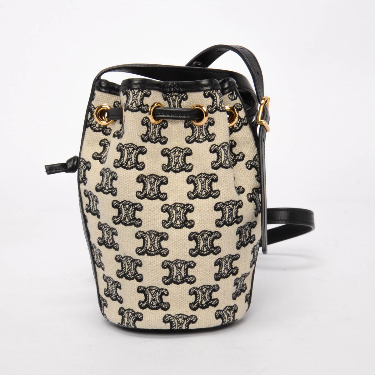 Celine Ecru & Black Triomphe Canvas Micro Drawstring Bucket Bag