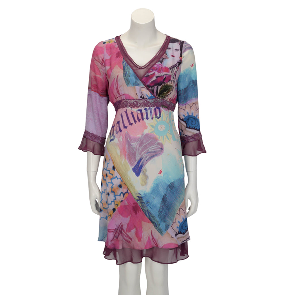 Galliano Purple Silk Logo V-Neck Dress IT 44