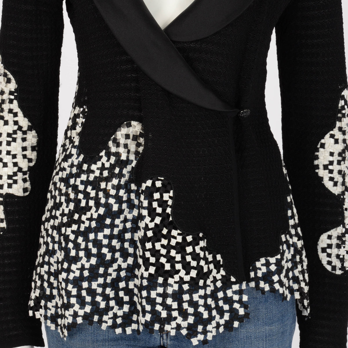 Chanel Black & White Knit Satin Lapel Jacket 36