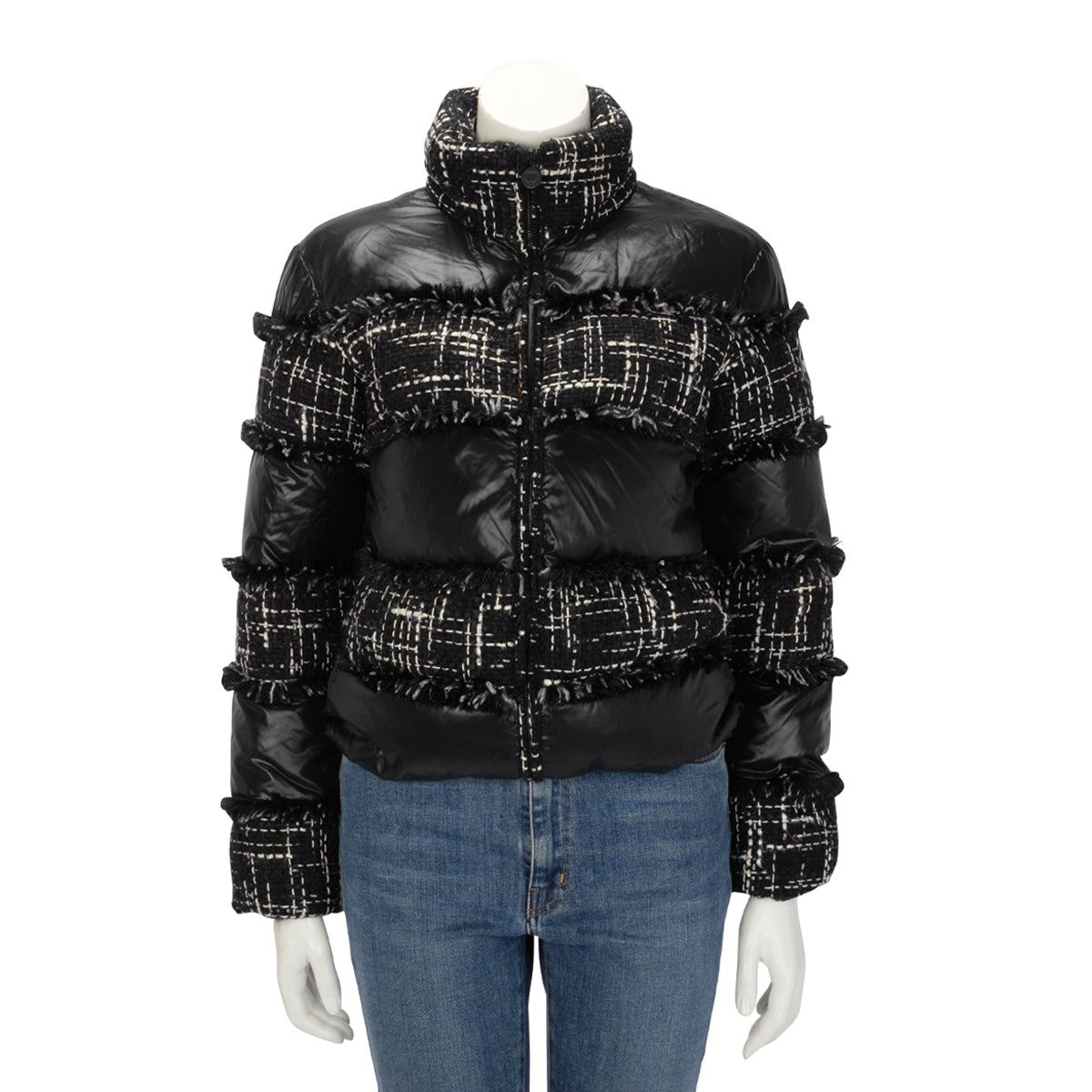Chanel Black Nylon & Tweed Coco Neige Puffer Jacket FR 36