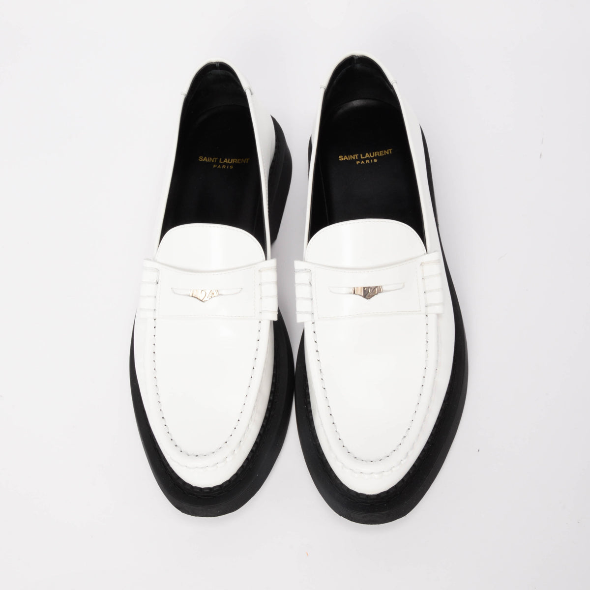 Saint Laurent White Calfskin Teddy Penny Loafers FR 44