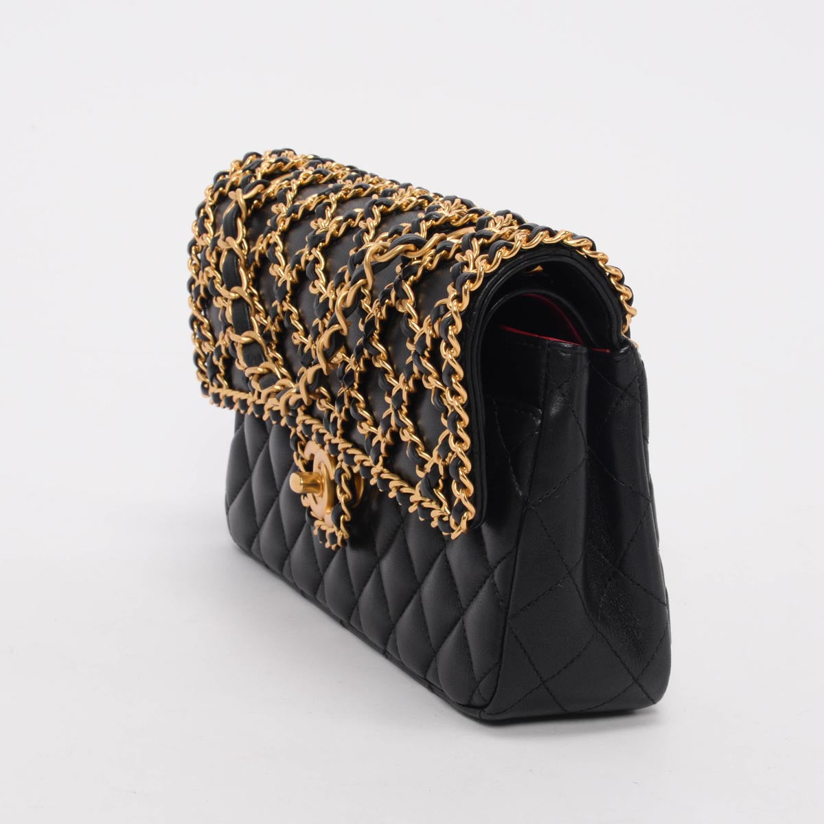 Chanel Black & Gold Lambskin Classic Woven Chain Flap Bag