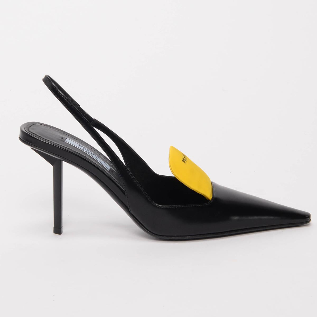 Prada Black Hi-Shine Logo Print Slingback Pumps 36